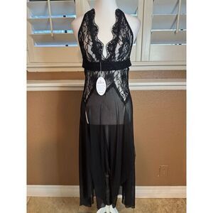 RSLOVE S Lace Babydoll Night Dress Black Sheer Mesh Lingerie High Slit Bows New